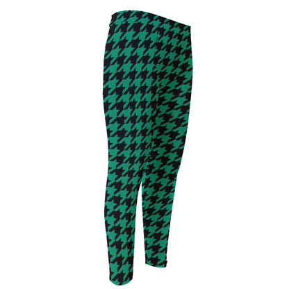Jungle Green And Black Houndstooth Print Men's Compression Pants