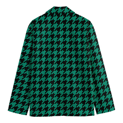 Jungle Green And Black Houndstooth Print Men's Cotton Blazer