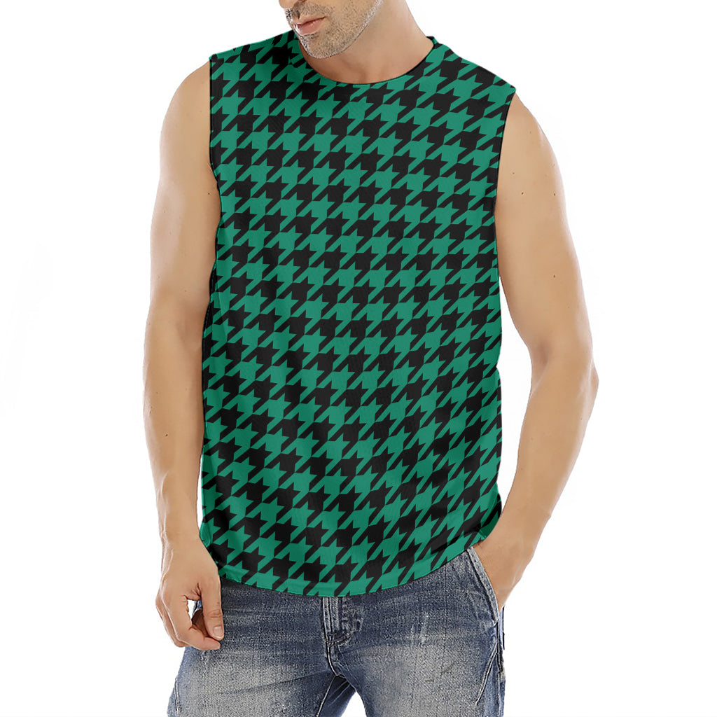Jungle Green And Black Houndstooth Print Men's Fitness Tank Top