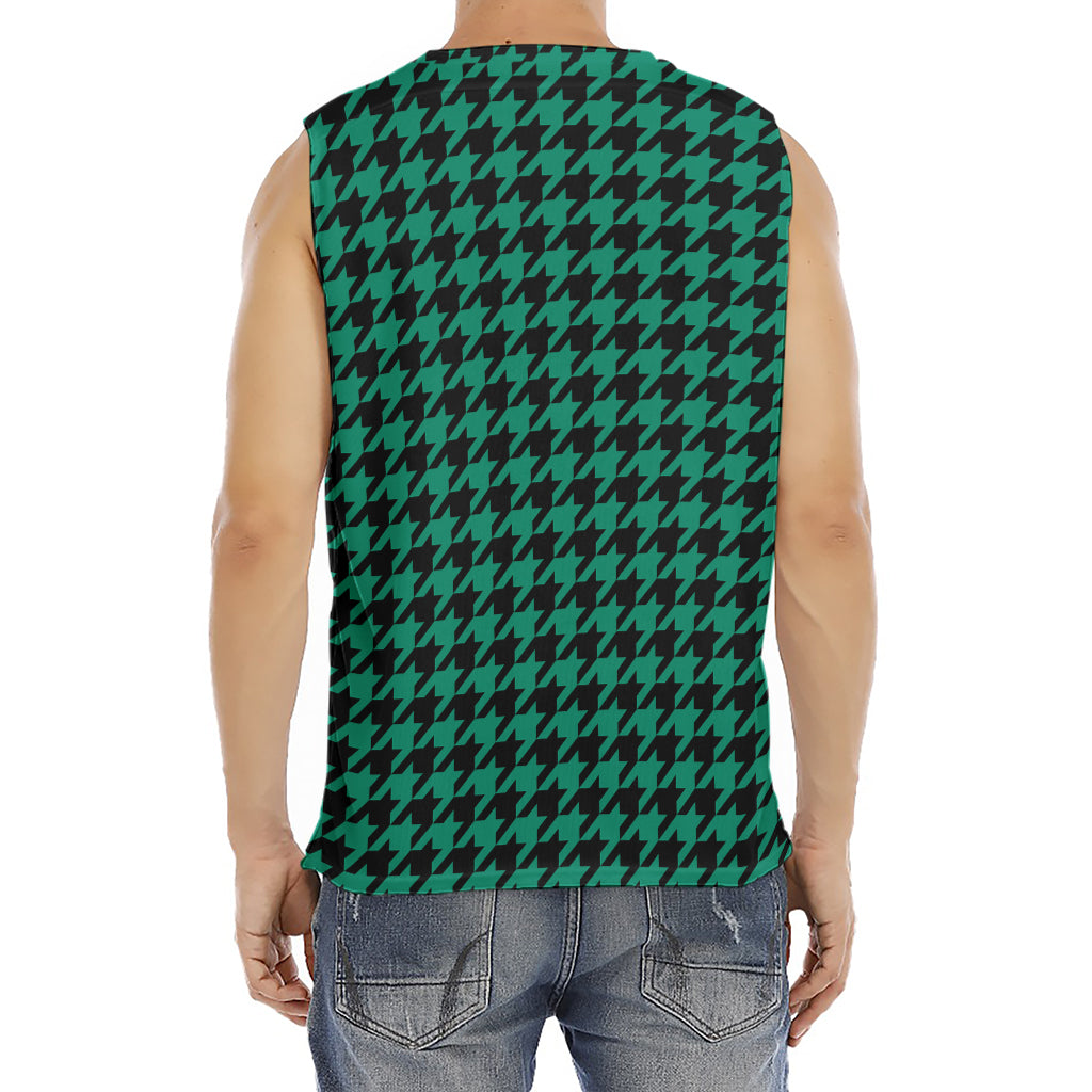 Jungle Green And Black Houndstooth Print Men's Fitness Tank Top