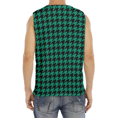 Jungle Green And Black Houndstooth Print Men's Fitness Tank Top