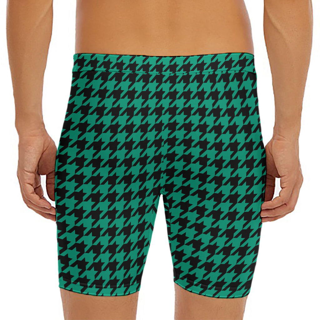 Jungle Green And Black Houndstooth Print Men's Long Boxer Briefs