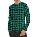 Jungle Green And Black Houndstooth Print Men's Long Sleeve Rash Guard