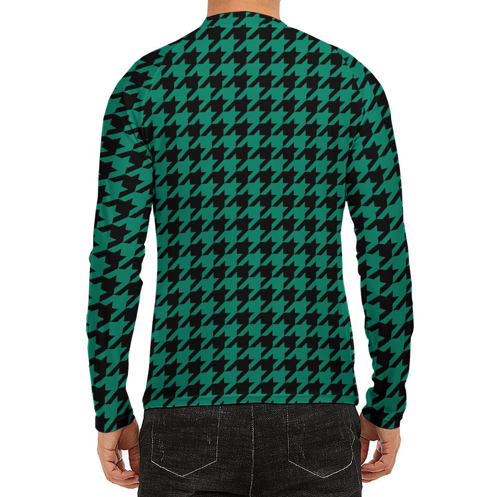 Jungle Green And Black Houndstooth Print Men's Long Sleeve Rash Guard