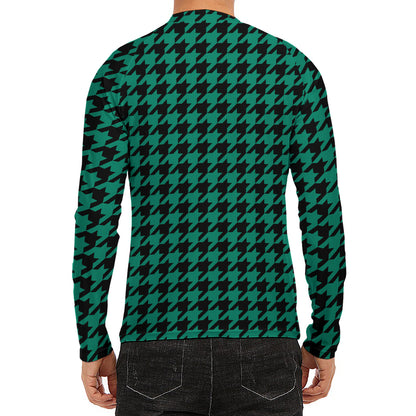 Jungle Green And Black Houndstooth Print Men's Long Sleeve Rash Guard