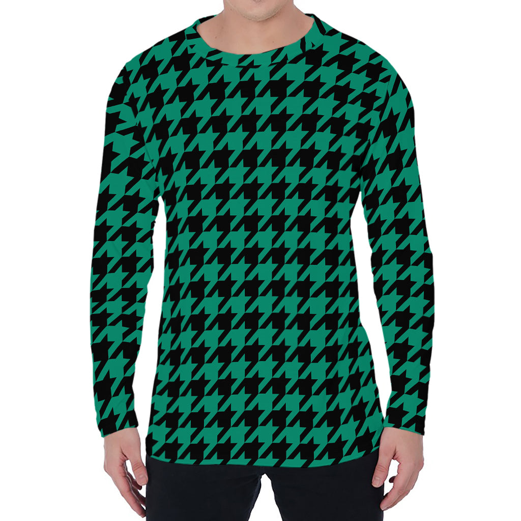 Jungle Green And Black Houndstooth Print Men's Long Sleeve T-Shirt