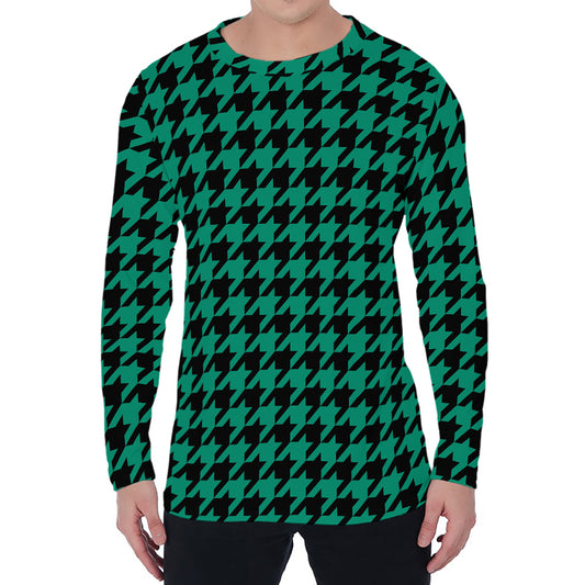 Jungle Green And Black Houndstooth Print Men's Long Sleeve T-Shirt
