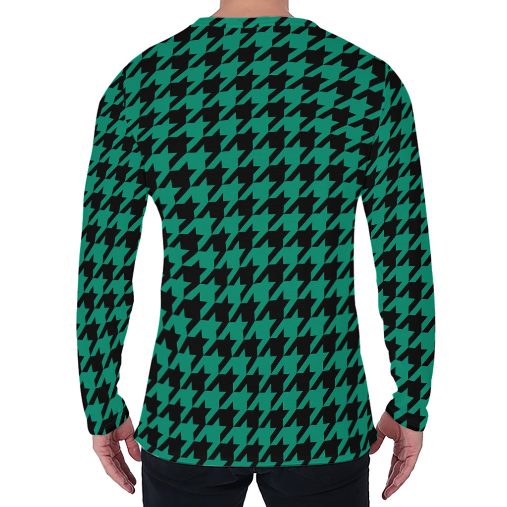 Jungle Green And Black Houndstooth Print Men's Long Sleeve T-Shirt