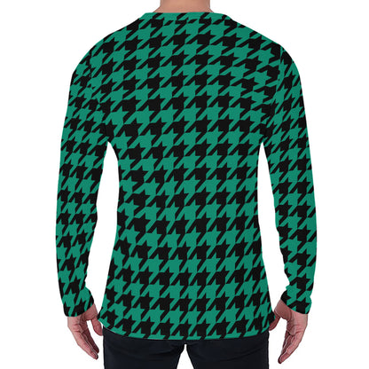 Jungle Green And Black Houndstooth Print Men's Long Sleeve T-Shirt
