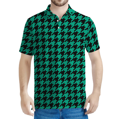 Jungle Green And Black Houndstooth Print Men's Polo Shirt