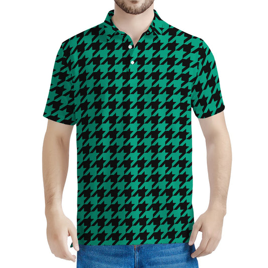 Jungle Green And Black Houndstooth Print Men's Polo Shirt