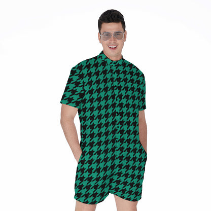 Jungle Green And Black Houndstooth Print Men's Rompers