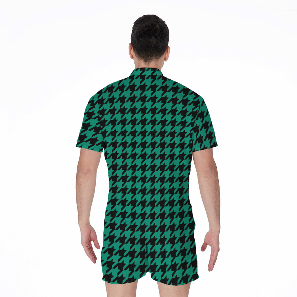 Jungle Green And Black Houndstooth Print Men's Rompers
