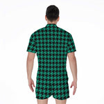 Jungle Green And Black Houndstooth Print Men's Rompers