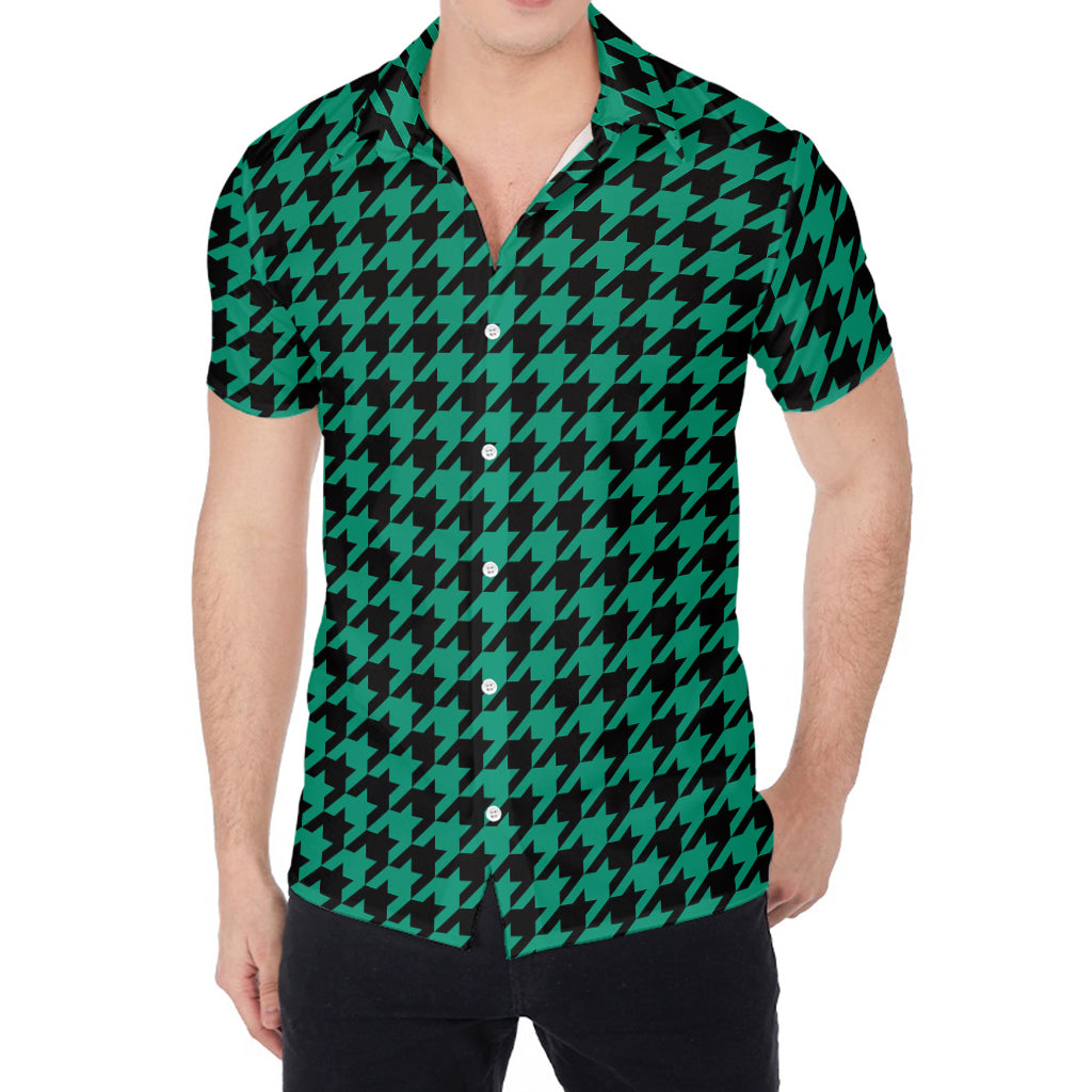 Jungle Green And Black Houndstooth Print Men's Shirt