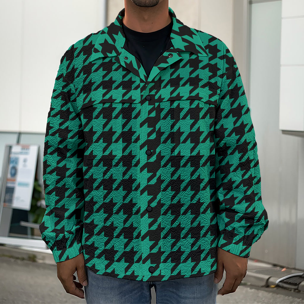 Jungle Green And Black Houndstooth Print Men's Shirt Jacket