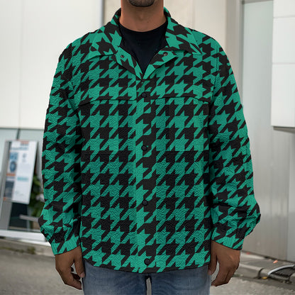 Jungle Green And Black Houndstooth Print Men's Shirt Jacket
