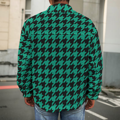 Jungle Green And Black Houndstooth Print Men's Shirt Jacket
