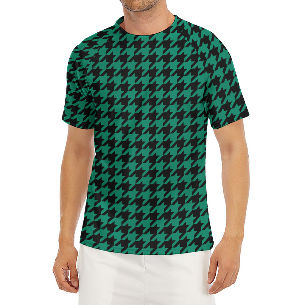 Jungle Green And Black Houndstooth Print Men's Short Sleeve Rash Guard