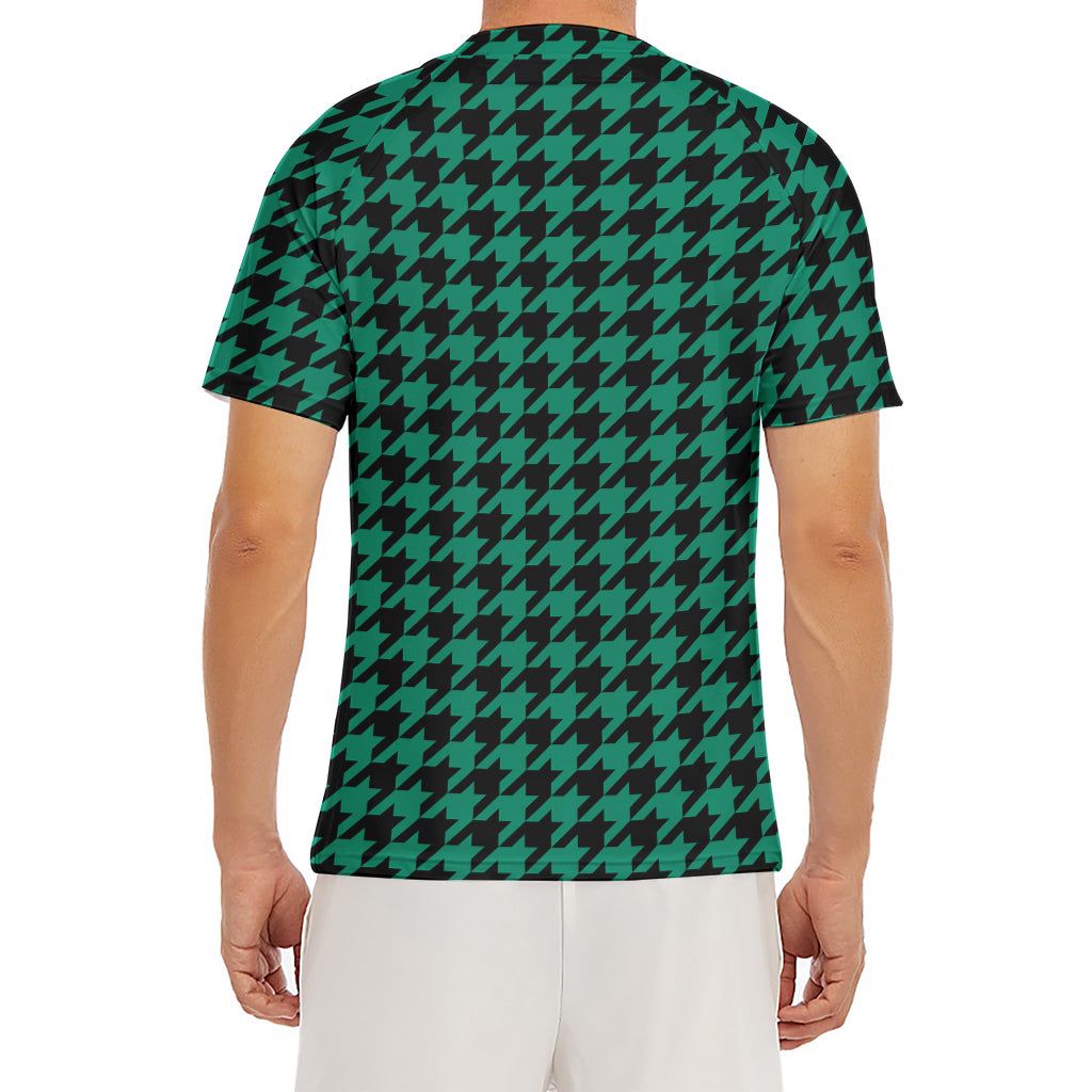 Jungle Green And Black Houndstooth Print Men's Short Sleeve Rash Guard