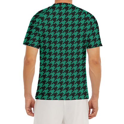 Jungle Green And Black Houndstooth Print Men's Short Sleeve Rash Guard