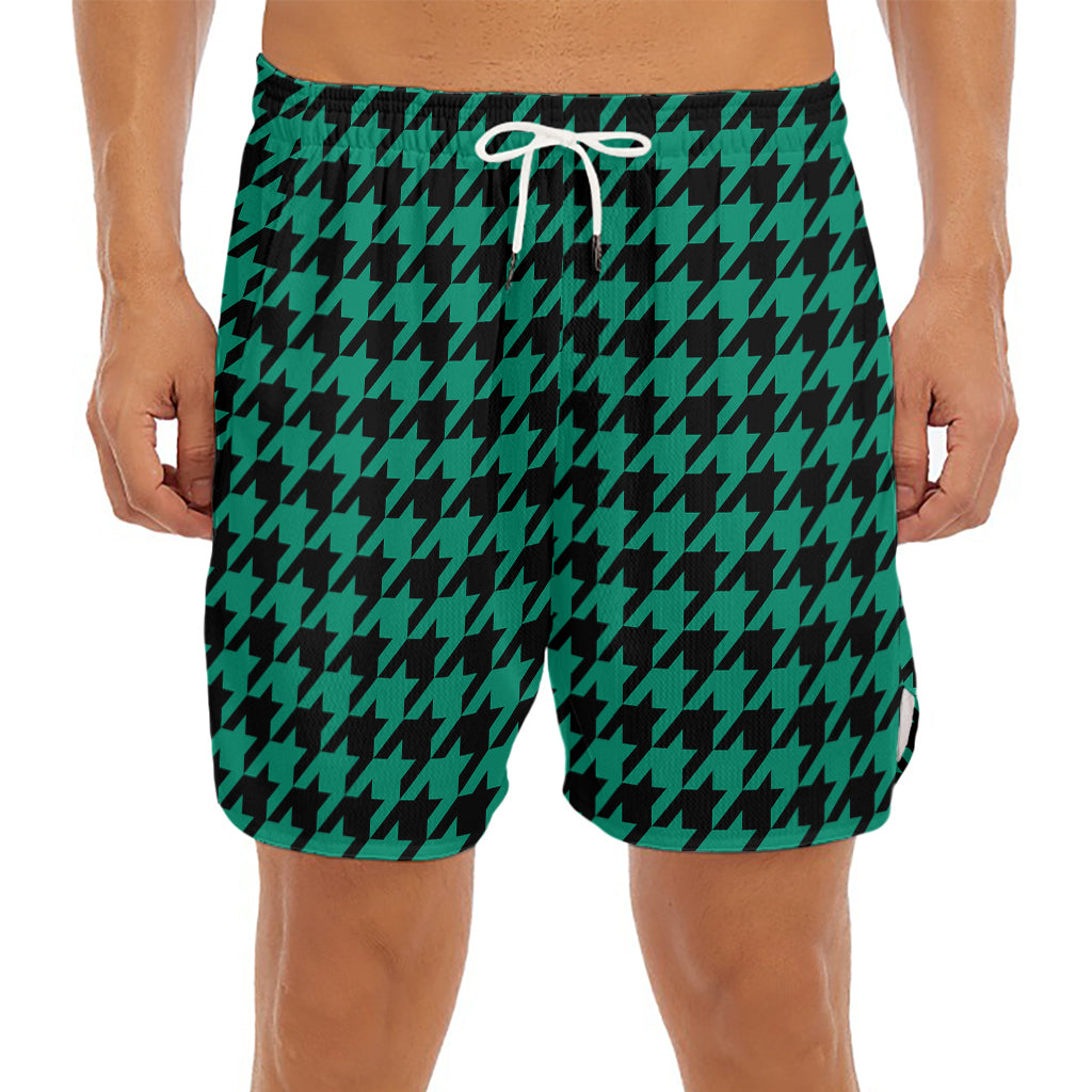 Jungle Green And Black Houndstooth Print Men's Split Running Shorts