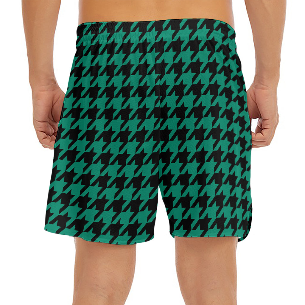 Jungle Green And Black Houndstooth Print Men's Split Running Shorts
