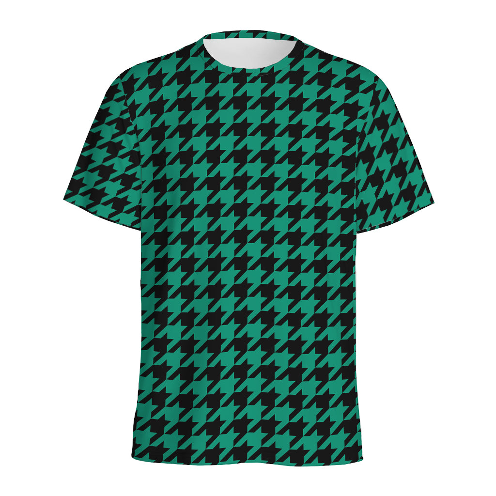 Jungle Green And Black Houndstooth Print Men's Sports T-Shirt