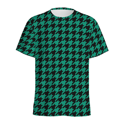 Jungle Green And Black Houndstooth Print Men's Sports T-Shirt