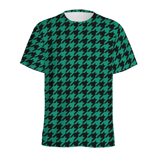 Jungle Green And Black Houndstooth Print Men's Sports T-Shirt
