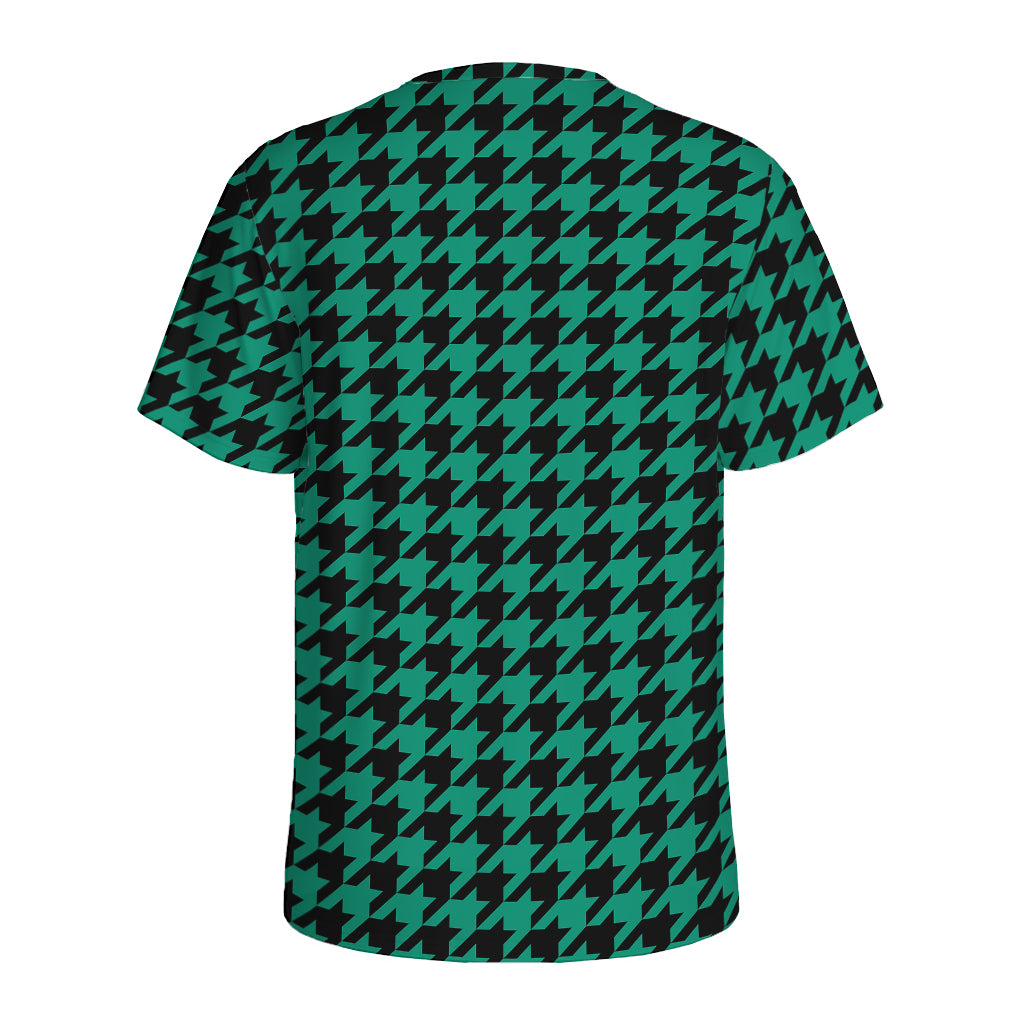 Jungle Green And Black Houndstooth Print Men's Sports T-Shirt