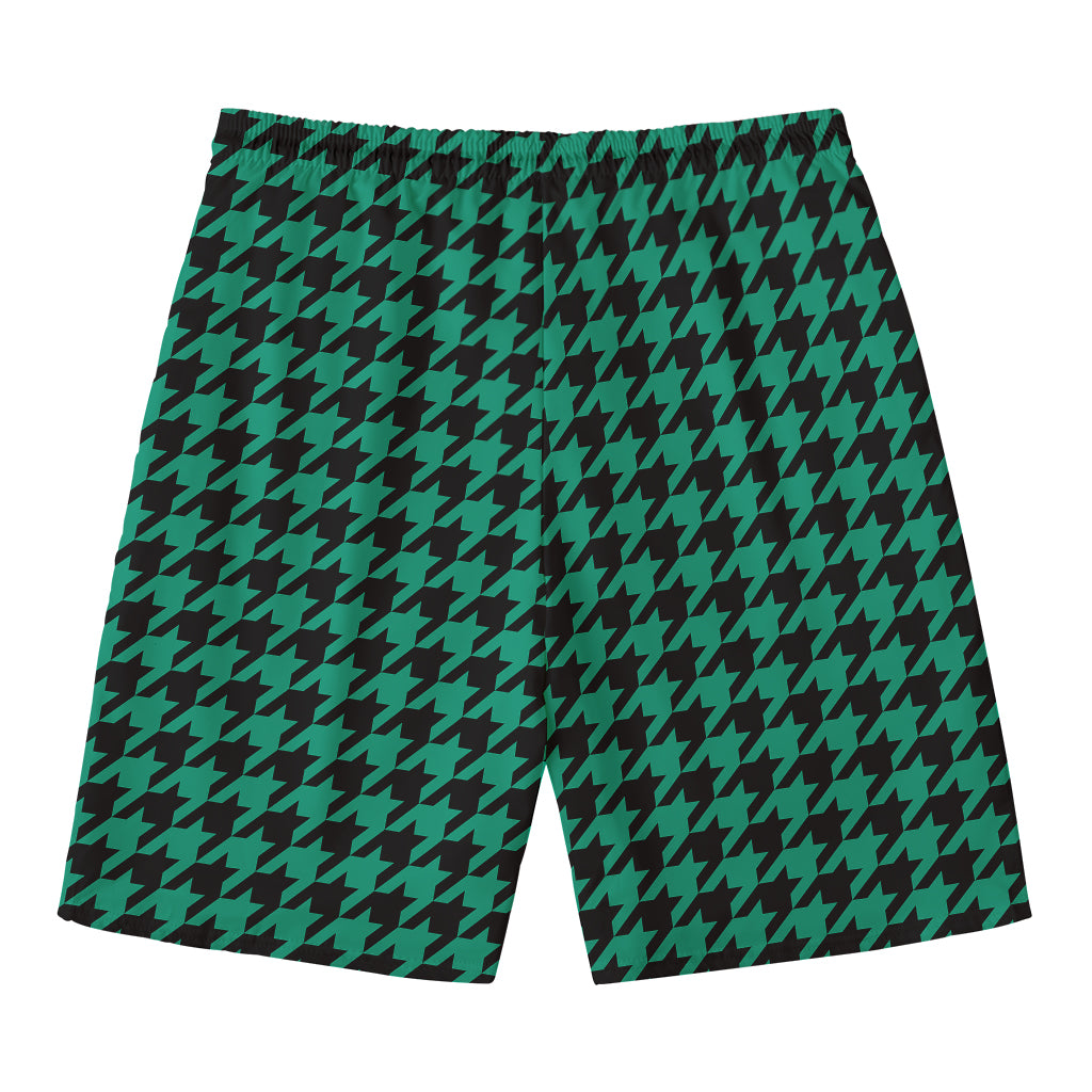 Jungle Green And Black Houndstooth Print Men's Swim Trunks