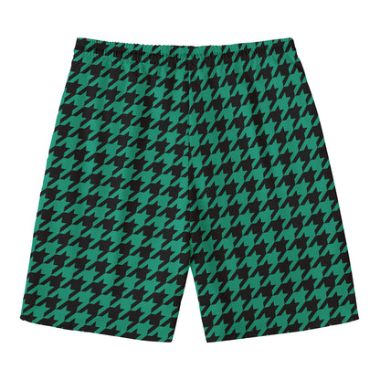 Jungle Green And Black Houndstooth Print Men's Swim Trunks