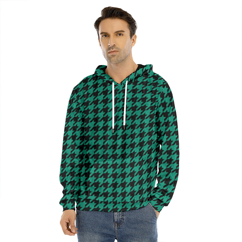 Jungle Green And Black Houndstooth Print Men's Velvet Pullover Hoodie