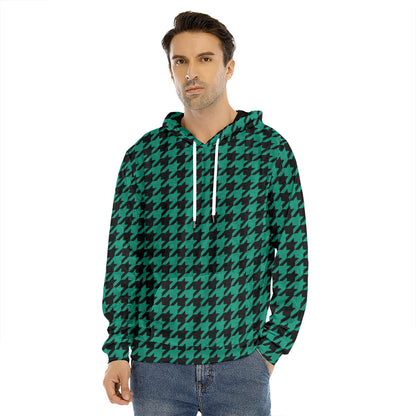 Jungle Green And Black Houndstooth Print Men's Velvet Pullover Hoodie