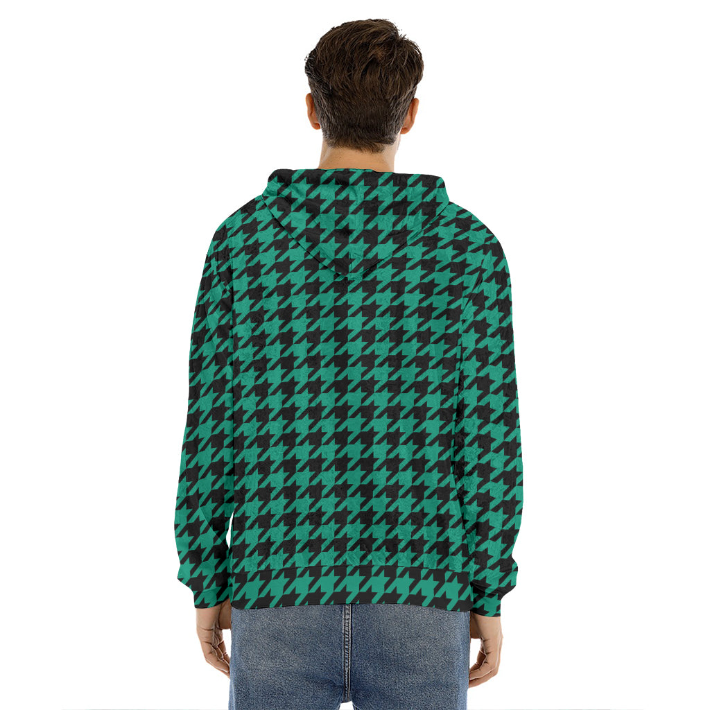 Jungle Green And Black Houndstooth Print Men's Velvet Pullover Hoodie