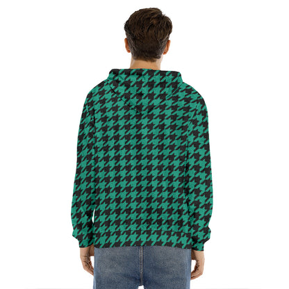 Jungle Green And Black Houndstooth Print Men's Velvet Pullover Hoodie