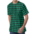 Jungle Green And Black Houndstooth Print Men's Velvet T-Shirt