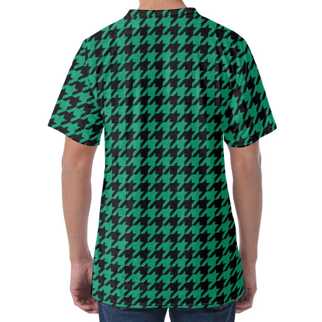 Jungle Green And Black Houndstooth Print Men's Velvet T-Shirt