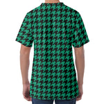 Jungle Green And Black Houndstooth Print Men's Velvet T-Shirt
