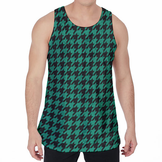 Jungle Green And Black Houndstooth Print Men's Velvet Tank Top