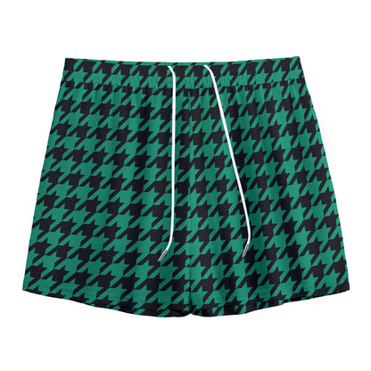 Jungle Green And Black Houndstooth Print Mesh Shorts