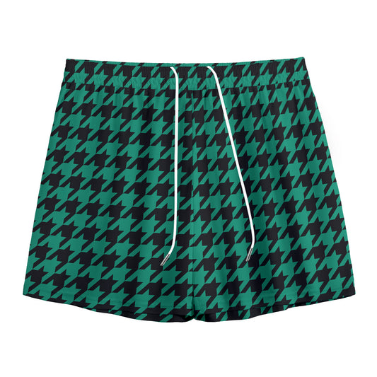 Jungle Green And Black Houndstooth Print Mesh Shorts