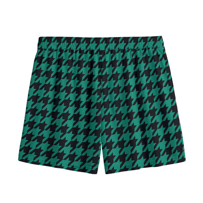 Jungle Green And Black Houndstooth Print Mesh Shorts