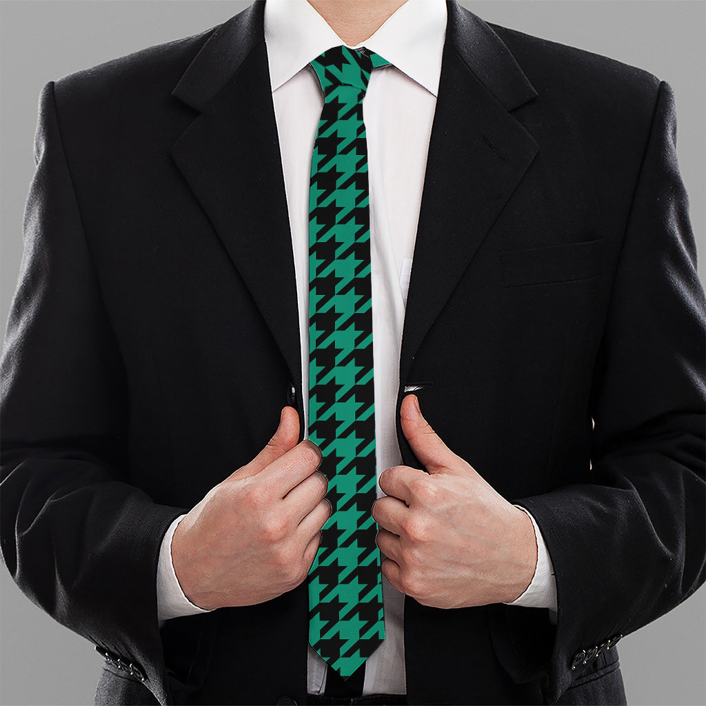 Jungle Green And Black Houndstooth Print Necktie
