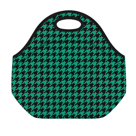 Jungle Green And Black Houndstooth Print Neoprene Lunch Bag
