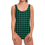 Jungle Green And Black Houndstooth Print One Piece Swimsuit