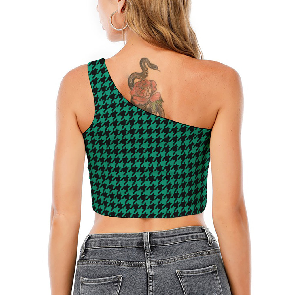Jungle Green And Black Houndstooth Print One Shoulder Crop Top
