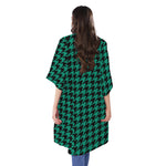 Jungle Green And Black Houndstooth Print Open Front Beach Cover Up