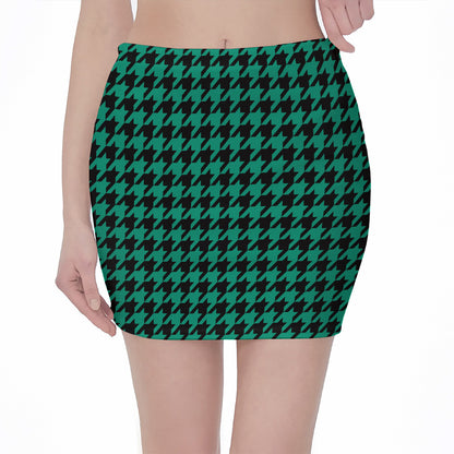 Jungle Green And Black Houndstooth Print Pencil Mini Skirt